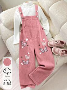 SHEIN Girls Denim Overall Jumpsuit Butterfly Heart Print Wide‑Leg Suspender Overalls With Button Shoulder Straps Front Pocket School Clothes White Pink - Pink - View 2
