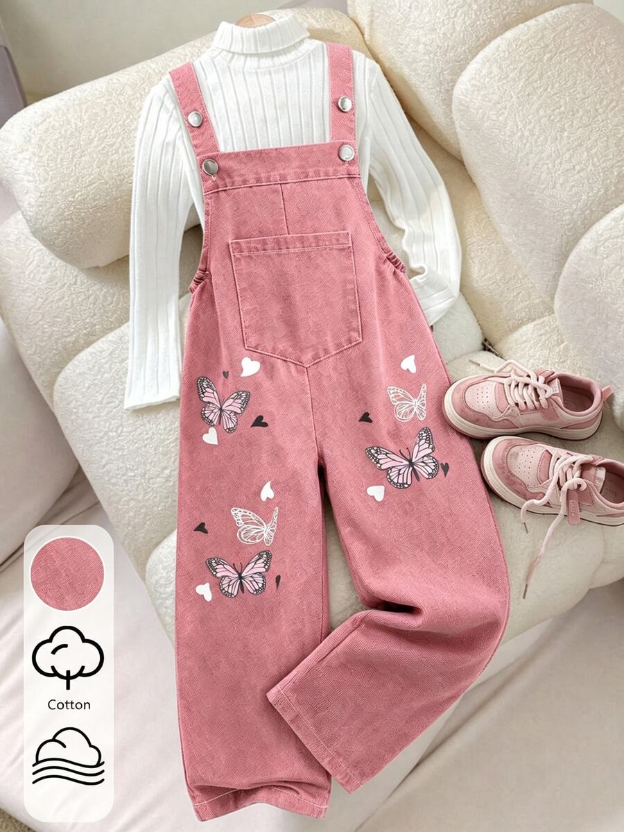 SHEIN Girls Denim Overall Jumpsuit Butterfly Heart Print Wide‑Leg Suspender Overalls With Button Shoulder Straps Front Pocket School Clothes White Pink
