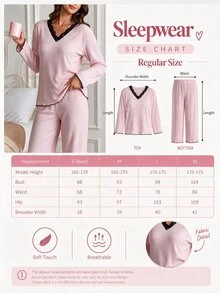 SHEIN Cottnline طقم بيجامة قطن مضلع من قطعتين باللون الوردي، تي شيرت نوم بأكمام طويلة مع دانتيل متباين + بنطلون طويل، ملابس منزلية كاجوال للاسترخاء - وردي - مشاهدة 3