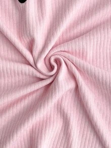 SHEIN Cottnline طقم بيجامة قطن مضلع من قطعتين باللون الوردي، تي شيرت نوم بأكمام طويلة مع دانتيل متباين + بنطلون طويل، ملابس منزلية كاجوال للاسترخاء - وردي - مشاهدة 6