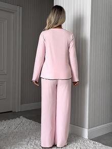 SHEIN Cottnline طقم بيجامة قطن مضلع من قطعتين باللون الوردي، تي شيرت نوم بأكمام طويلة مع دانتيل متباين + بنطلون طويل، ملابس منزلية كاجوال للاسترخاء - وردي - مشاهدة 2