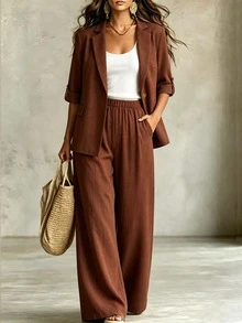 Linhara CURVE Plus Size Women Spring/Autumn Solid Color Faux Linen Open Front Button-Up Double Pocket Casual Elegant Commute Blazer + Elastic Waist Pocket Loose Long Pants Music Festival Club 2-Piece Set - Brown - View 4