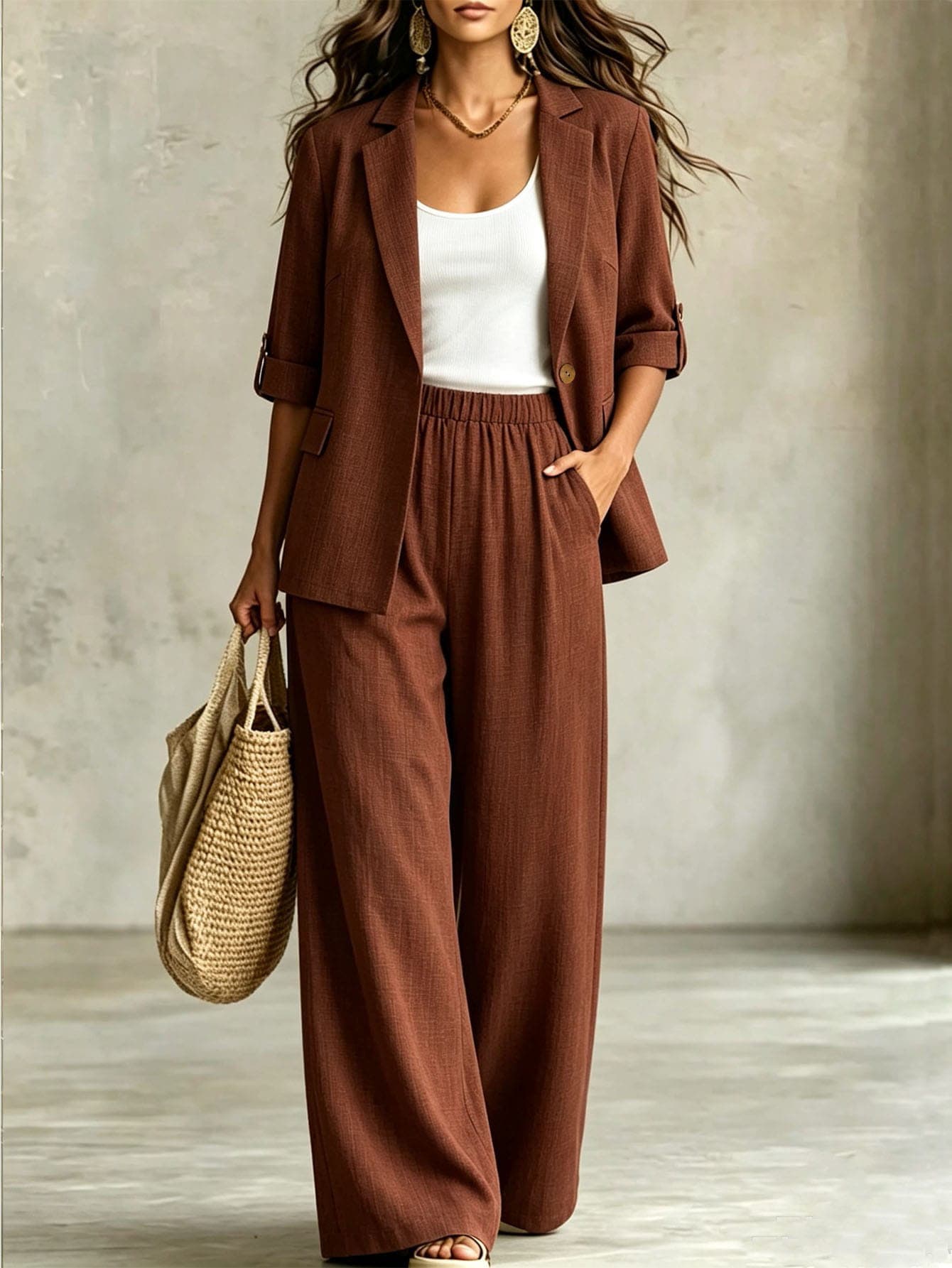 Linhara Bộ 2 món nữ size lớn cho mùa xuân/thu, blazer màu trơn giả vải lanh vạt mở cài nút, hai túi, phong cách thường ngày thanh lịch đi làm + quần dài ống rộng cạp chun có túi, phù hợp lễ hội âm nhạc và club - màu nâu - Xem 1