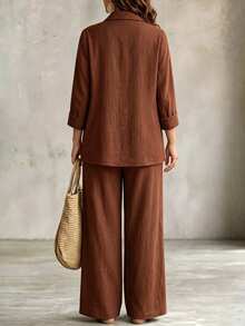 Linhara CURVE Plus Size Women Spring/Autumn Solid Color Faux Linen Open Front Button-Up Double Pocket Casual Elegant Commute Blazer + Elastic Waist Pocket Loose Long Pants Music Festival Club 2-Piece Set - Brown - View 2