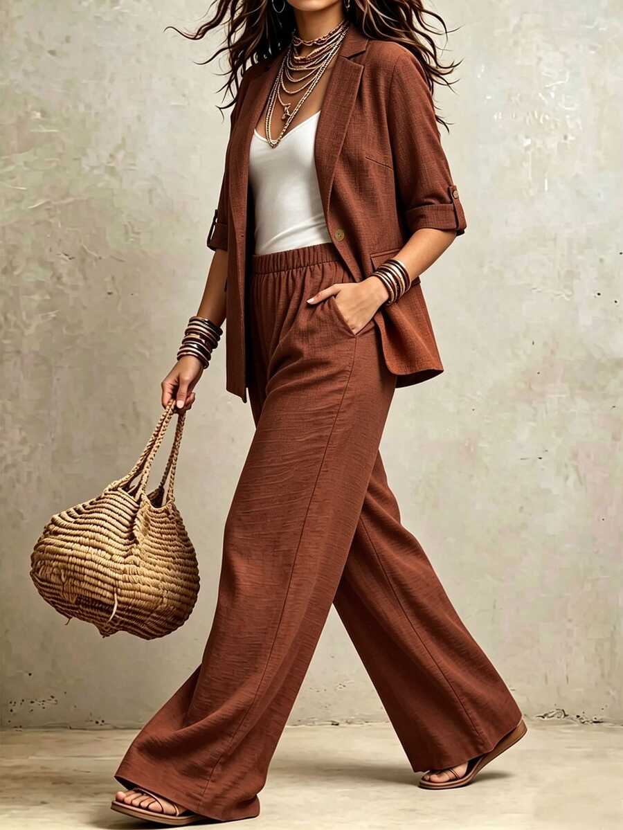 Linhara CURVE Plus Size Women Spring/Autumn Solid Color Faux Linen Open Front Button-Up Double Pocket Casual Elegant Commute Blazer + Elastic Waist Pocket Loose Long Pants Music Festival Club 2-Piece Set - Brown - View 1