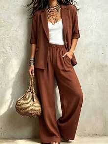 Linhara CURVE Plus Size Women Spring/Autumn Solid Color Faux Linen Open Front Button-Up Double Pocket Casual Elegant Commute Blazer + Elastic Waist Pocket Loose Long Pants Music Festival Club 2-Piece Set - Brown - View 7