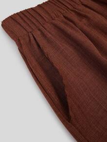 Linhara CURVE Plus Size Women Spring/Autumn Solid Color Faux Linen Open Front Button-Up Double Pocket Casual Elegant Commute Blazer + Elastic Waist Pocket Loose Long Pants Music Festival Club 2-Piece Set - Brown - View 6
