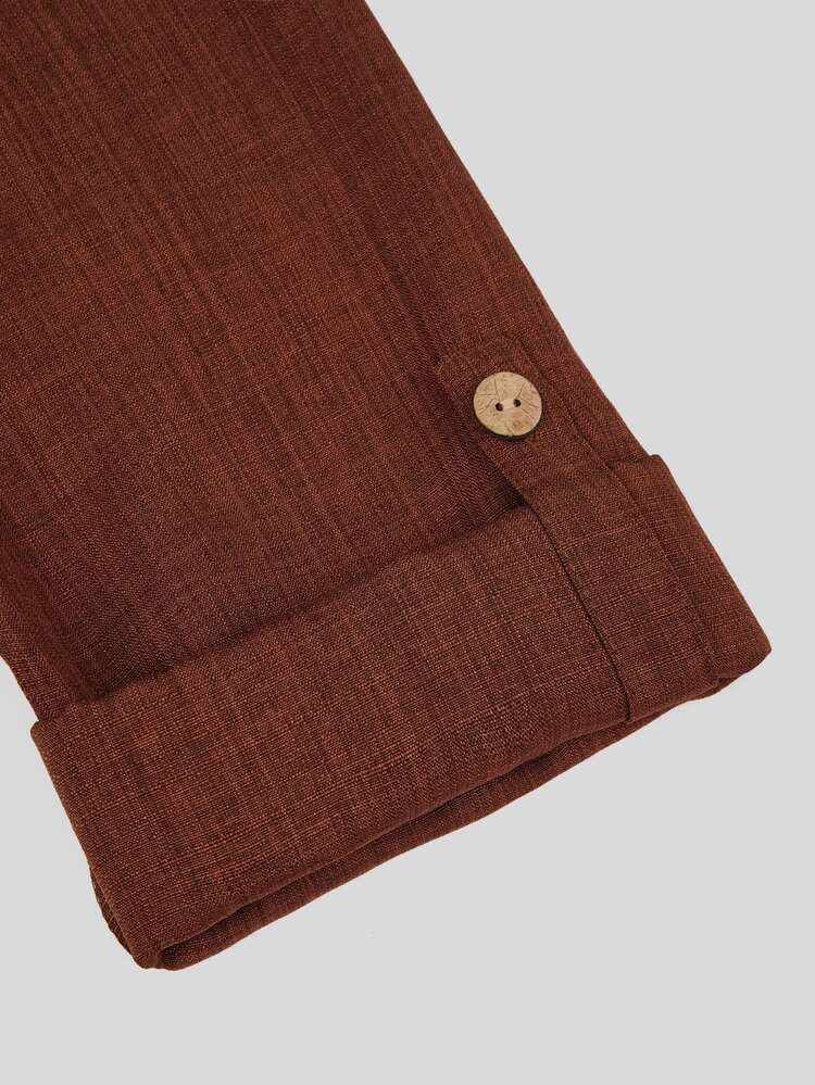 Linhara CURVE Plus Size Women Spring/Autumn Solid Color Faux Linen Open Front Button-Up Double Pocket Casual Elegant Commute Blazer + Elastic Waist Pocket Loose Long Pants Music Festival Club 2-Piece Set - Brown - View 8
