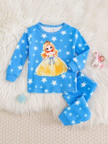 SHEIN 女嬰針織修身睡衣套裝，藍色發光雪花星星公主印花圓領長袖上衣搭配條紋修身長褲，修身版型，適合初秋與秋冬，柔軟舒適可愛風 - 藍色 - 查看 2