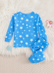 SHEIN 女嬰針織修身睡衣套裝，藍色發光雪花星星公主印花圓領長袖上衣搭配條紋修身長褲，修身版型，適合初秋與秋冬，柔軟舒適可愛風 - 藍色 - 查看 3
