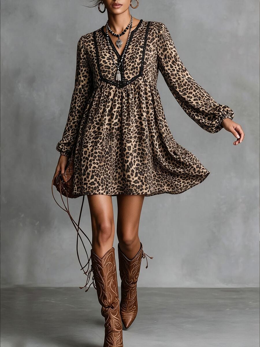 LanaWest Gaun Patchwork Renda Leher V Motif Leopard Vintage LilyWest-D - Coklat - View 1