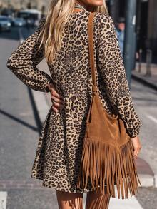 LanaWest Gaun Patchwork Renda Leher V Motif Leopard Vintage LilyWest-D - Coklat - View 2