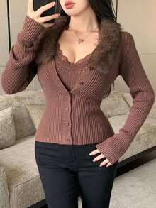 DAZY Setelan 2 Potong Wanita Musim Gugur Slim Fit Atasan Tank Camisole & Sweater Kardigan Lengan Panjang Warna Cokelat - Coffee Brown - View 3
