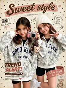SHEIN Girls' Single Piece Casual Cute Graphic Streetwear Loose Fit Back To School Letter Print Hooded Zip-Up Knit Sweatshirt, Autumn/Winter White Floral - Grey - View 1
