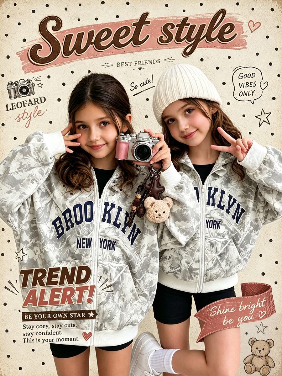 SHEIN Girls' Single Piece Casual Cute Graphic Streetwear Loose Fit Back To School Letter Print Hooded Zip-Up Knit Sweatshirt, Autumn/Winter White Floral - Grey - View 1