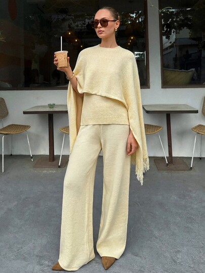 Siren Gaze Women Minimalist Casual Soft Knit 3 PiecesLounge Set Sleeveless Sweater Wide Leg Pants Scarf Brunch Tea Party Pale Yellow Autumn