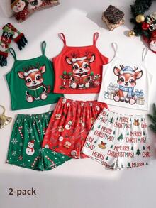 Tween Girl Autumn/Winter Pajamas 2pcs Christmas Camisole Shorts Top Allover Print Flame Resistant Deer Set - Red - View 1