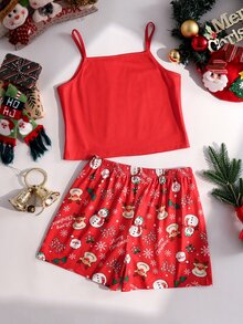 Tween Girl Autumn/Winter Pajamas 2pcs Christmas Camisole Shorts Top Allover Print Flame Resistant Deer Set - Red - View 3