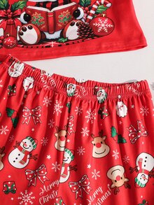 Tween Girl Autumn/Winter Pajamas 2pcs Christmas Camisole Shorts Top Allover Print Flame Resistant Deer Set - Red - View 5