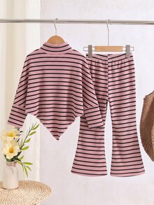 SHEIN Elladie kids 女童條紋高領不對稱上衣與喇叭褲兩件套 秋冬 7歲生日套裝 長袖上衣 冬季 - 粉色 - 查看 3
