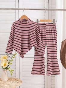 SHEIN Elladie kids 女童條紋高領不對稱上衣與喇叭褲兩件套 秋冬 7歲生日套裝 長袖上衣 冬季 - 粉色 - 查看 4
