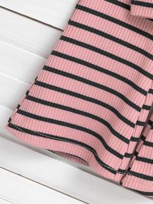 SHEIN Elladie kids 女童條紋高領不對稱上衣與喇叭褲兩件套 秋冬 7歲生日套裝 長袖上衣 冬季 - 粉色 - 查看 5