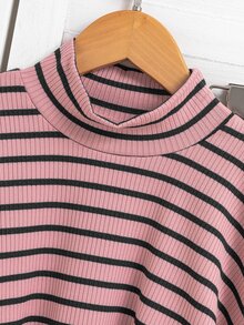 SHEIN Elladie kids 女童條紋高領不對稱上衣與喇叭褲兩件套 秋冬 7歲生日套裝 長袖上衣 冬季 - 粉色 - 查看 7