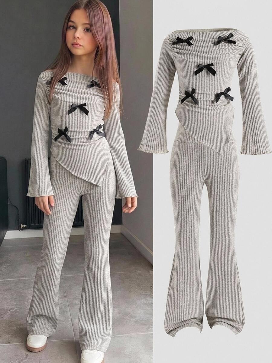 SHEIN Tween Girl Knit Solid Color Asymmetric Shoulder Ruched 3D Bow Casual T-Shirt & Fitted Flare Long Pants 2 Pieces Set - Grey - View 1