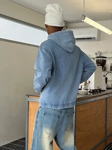 STEELVANCE Men's Long Sleeve Pocket Design Drawstring Hooded Denim Jacket - Light Wash - View 6