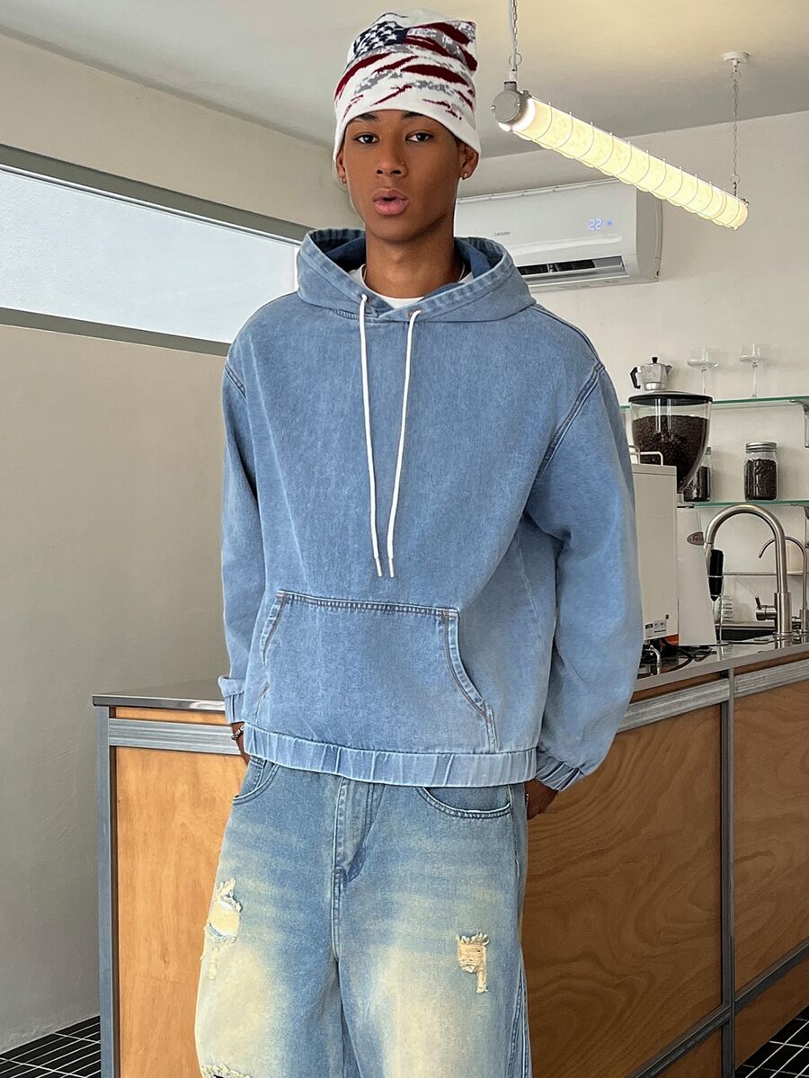 STEELVANCE Men's Long Sleeve Pocket Design Drawstring Hooded Denim Jacket - Light Wash - View 1
