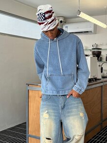 STEELVANCE Men's Long Sleeve Pocket Design Drawstring Hooded Denim Jacket - Light Wash - View 4