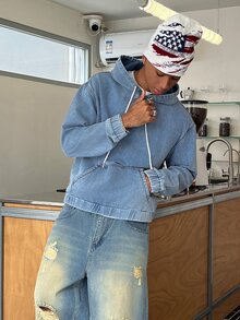 STEELVANCE Men's Long Sleeve Pocket Design Drawstring Hooded Denim Jacket - Light Wash - View 5