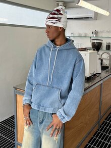 STEELVANCE Men's Long Sleeve Pocket Design Drawstring Hooded Denim Jacket - Light Wash - View 3