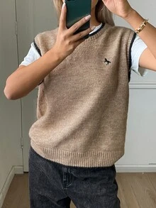 DAZY Fall Round Neck Sleeveless Loose Solid Color Contrast Trim College Casual Graphic Women's Sweater Vest Everyday School - Khaki - View 3