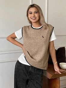 DAZY Fall Round Neck Sleeveless Loose Solid Color Contrast Trim College Casual Graphic Women's Sweater Vest Everyday School - Khaki - View 5