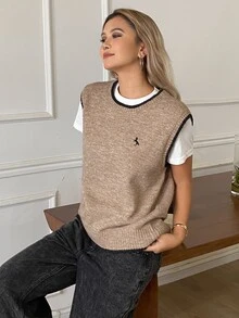 DAZY Fall Round Neck Sleeveless Loose Solid Color Contrast Trim College Casual Graphic Women's Sweater Vest Everyday School - Khaki - View 6