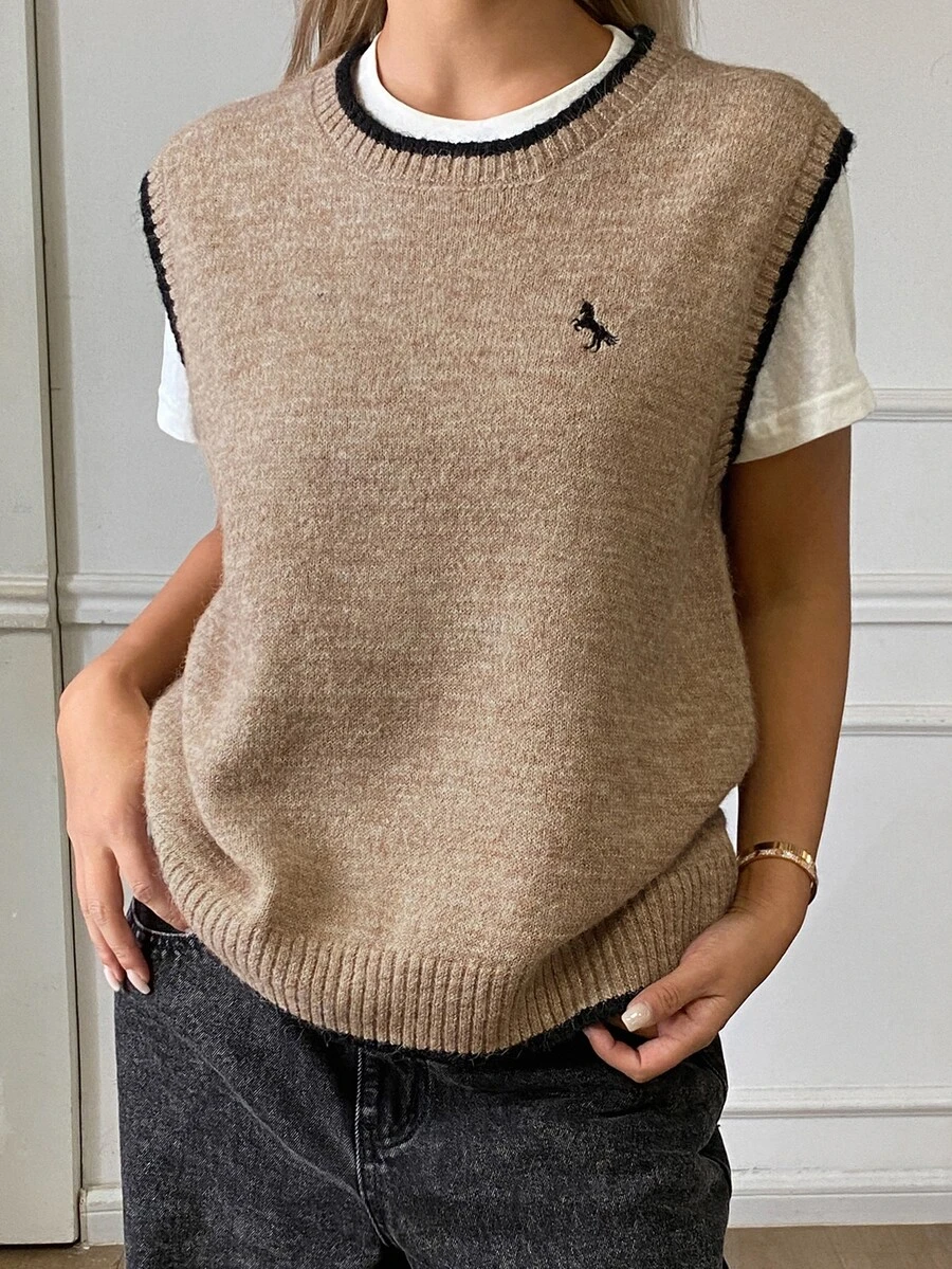 DAZY Fall Round Neck Sleeveless Loose Solid Color Contrast Trim College Casual Graphic Women's Sweater Vest Everyday School - Khaki - View 1