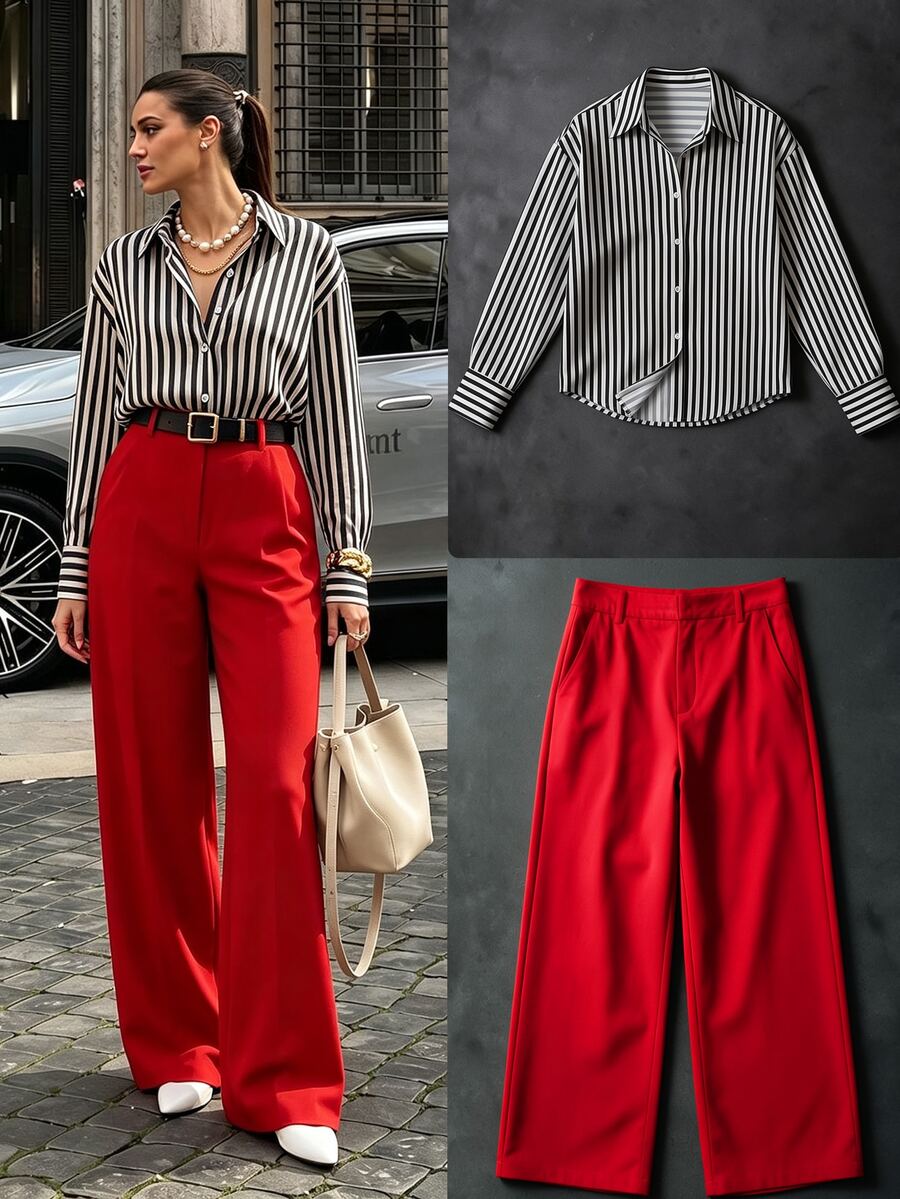 Airaco Women's Striped Shirt And Red Pants Office Outfit - Multicolor - View 1