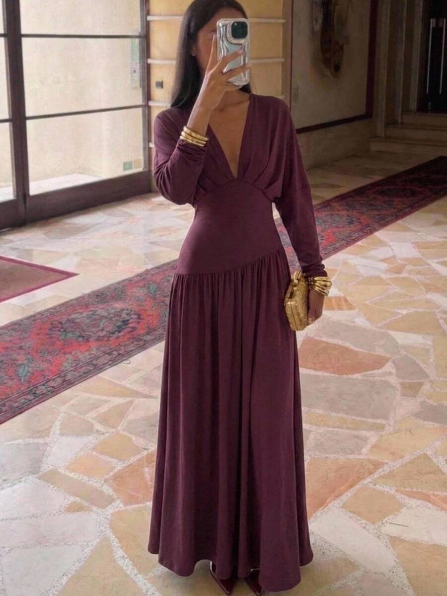 Aloruh Women's Autumn/Winter Deep V-Neck Ruched Shoulder A-Line Dress - Purple - View 1