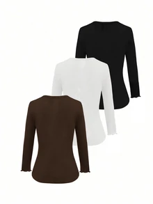 EMERY ROSE Women's Solid Color Round Neck 3/4 Sleeve Casual Versatile T-Shirt - Multicolor - View 2