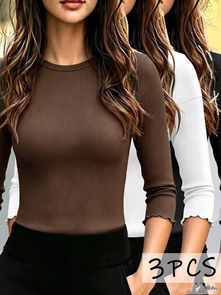EMERY ROSE Women's Solid Color Round Neck 3/4 Sleeve Casual Versatile T-Shirt - Multicolor - View 1