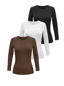 EMERY ROSE Women's Solid Color Round Neck 3/4 Sleeve Casual Versatile T-Shirt - Multicolor - View 3