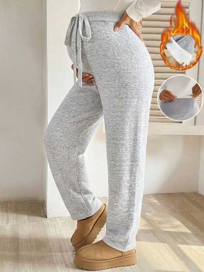 SHEIN Pantaloni lunghi in maglia casual e versatili con laccio in vita, colore unito, per la maternità