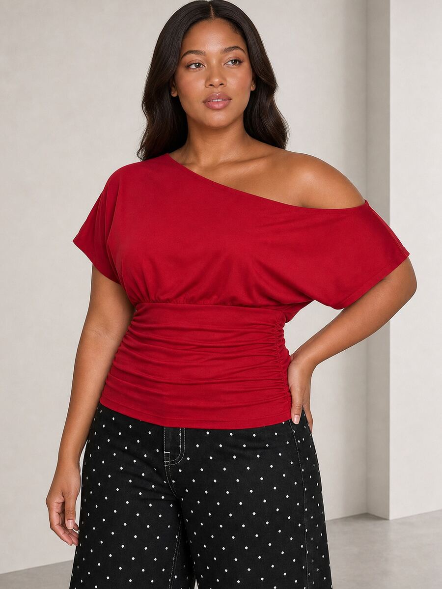 ELLERISSA Plus Size Red Off Shoulder Ruched Waist Short Sleeve Top - Red - View 1