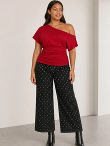 ELLERISSA Plus Size Red Off Shoulder Ruched Waist Short Sleeve Top - Red - View 4