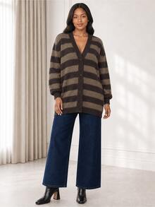 ELLERISSA Plus Size Coffee Brown Stripe Knit Cardigan V Neck Button Front Long Sleeve Oversized Fit - Coffee Brown - View 4