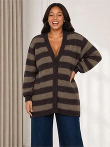 ELLERISSA Plus Size Coffee Brown Stripe Knit Cardigan V Neck Button Front Long Sleeve Oversized Fit - Coffee Brown - View 3