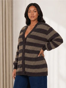 ELLERISSA Plus Size Coffee Brown Stripe Knit Cardigan V Neck Button Front Long Sleeve Oversized Fit - Coffee Brown - View 5