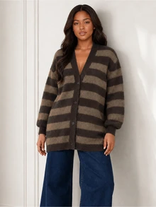 ELLERISSA Plus Size Coffee Brown Stripe Knit Cardigan V Neck Button Front Long Sleeve Oversized Fit - Coffee Brown - View 1