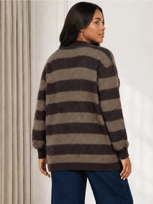ELLERISSA Plus Size Coffee Brown Stripe Knit Cardigan V Neck Button Front Long Sleeve Oversized Fit - Coffee Brown - View 2